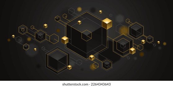 Cubes cluster with golden elements lines and dots vector abstract background, 3D abstraction vip luxury style, jewelry classy elegant geometric design, shiny gold.