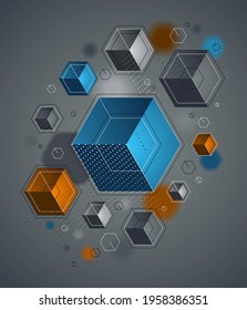 Cubes cluster with lines and dots elements vector abstract background, 3D abstraction techno style, geometric design, technology and science theme.