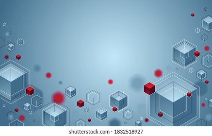 Cubes cluster with red and blue elements lines and dots vector abstract background, 3D abstraction geometric design, technology and science theme.