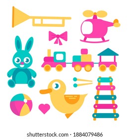 Cubes, duck, ball, xylophone, train, bow, helicopter, pipe, bunny. Set of bright toys for kids. Perfect for children shop, card, web store. Vector flat cartoon collection isolated on white background