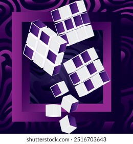 Cubos que caen vista de fondo abstracto, estilo isométrico, fondo púrpura de la pintura de pared, Ilustración vectorial, foco selectivo, objeto que cae