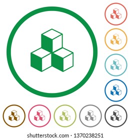 Cubes flat color icons in round outlines on white background