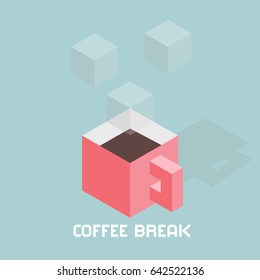 Cubes formed coffee cup, digital coffee break concept, isometric vector illustration