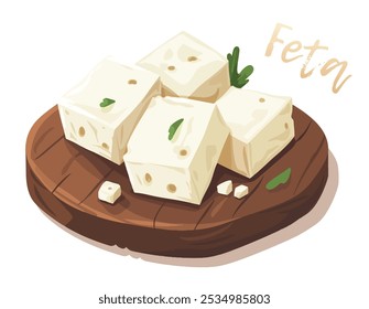 Cubes of fresh feta cheese on rustic wood board, cartoon Mediterranean food icon isolated on white background. Dairy product creamy texture vector design. For food packaging, recipe books, or culinary