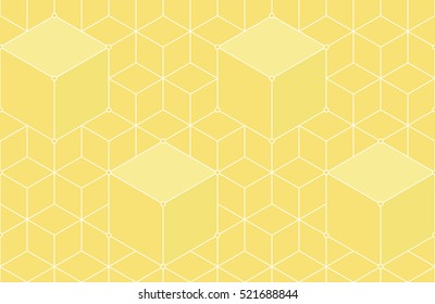 Cubes, hexagons, rhombs and nodes seamless pattern in golden colors. Geometric abstract repeating texture with intersecting hexagonal shapes. Gold colored background. Vector eps8 illustration.