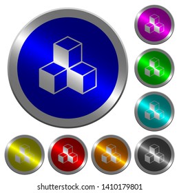 Cubes icons on round luminous coin-like color steel buttons