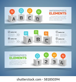 Cubes infographic horizontal banners with 3d squares text icons and options isolated vector illustration