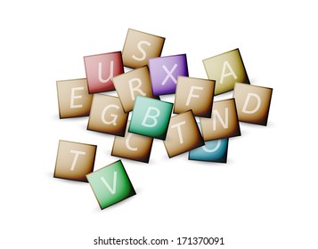 cubes and letters with different colors on white background