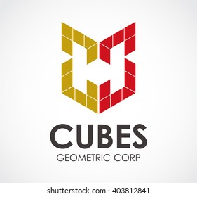 Cubes line of geometric square abstract vector and logo design or template perspective ribbon business icon of company identity symbol concept