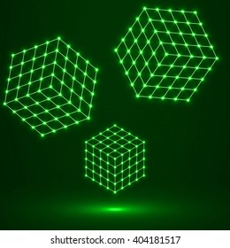 Cubes of lines and dots, molecular lattice, geometric shape, network connection, vector illustration