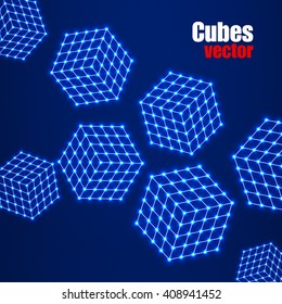 Cubes of lines and dots, molecular lattice, geometric shape, network connection, vector illustration