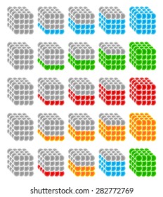 Cubes made from spheres as progress or level indicators. Steps, phases, stages, progress, progression.