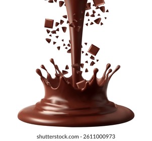 Cubes of milk chocolate bar falling with splash isolated on white background