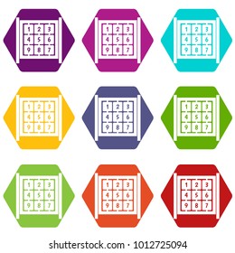 Cubes with numbers on playground icon set many color hexahedron isolated on white vector illustration
