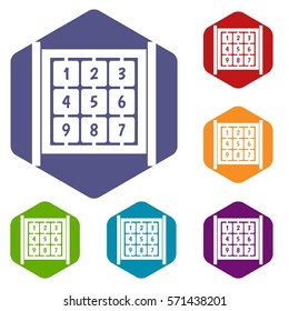 Cubes with numbers on playground icons set rhombus in different colors isolated on white background