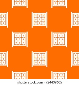 Cubes with numbers on playground pattern repeat seamless in orange color for any design. Vector geometric illustration