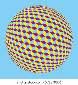 a cubes pattern sphere in yellow, blue and purple shades