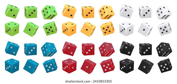Cubes with random numbers, rolling or throwing dice cube for luck in game or casino. Vector isolated object for playing boardgame or gamble. Win and betting, gaming experience leisure or hobby