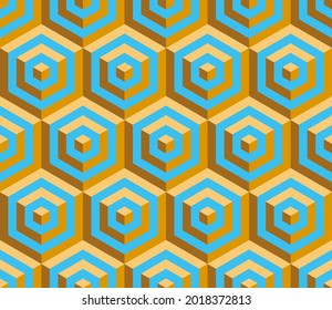 Cubes. Seamless 3D pattern. Optical illusions. Op Art. Template for fabric or wrapping. Modern textile. Geometric. Endless stylish background. Wallpapers. Blue, yellow. Luxury 3D Tiles.