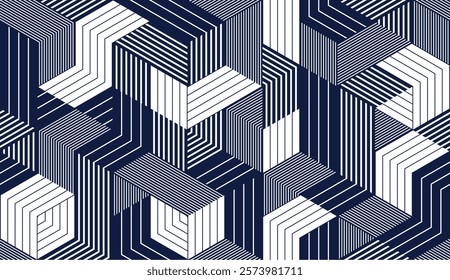 Cubes seamless pattern, abstract 3D optic background, trippy isometric linear polygon endless wallpaper, surreal effect black and white tiling pattern.