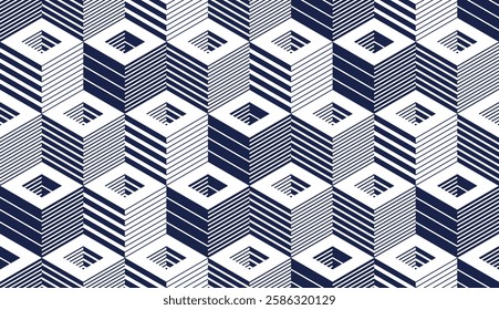 Cubes seamless pattern, abstract 3D optic background, trippy isometric linear polygon endless wallpaper, surreal effect black and white tiling pattern.