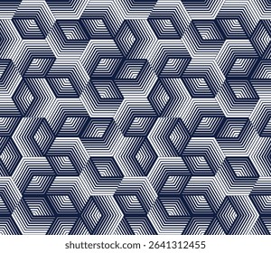 Cubes seamless pattern, abstract 3D optic background, trippy isometric linear polygon endless wallpaper, surreal effect black and white tiling pattern.