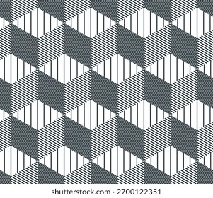 Cubos padrão sem costura, fundo óptico 3D abstrato, trippy isométrica linear polígono papel de parede infinito, efeito surreal preto e branco padrão de azulejos.