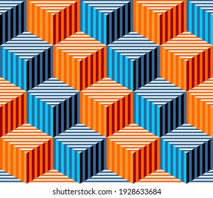 Cubes. Seamless pattern. Op Art. Template for fabric or wrapping. Modern textile. Geometric. Futuristic. Stylish background.  Optical illusions. Trends. Wallpapers. Multicolor.