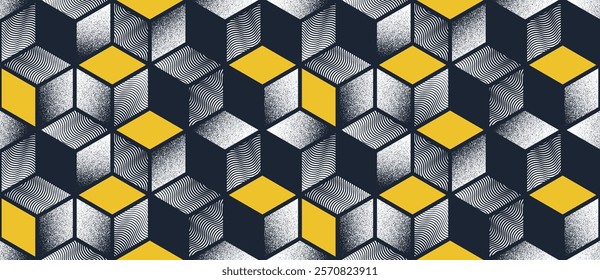 Cubes seamless pattern, vector 3D isometric blocks with textures tiling wallpaper, optical trippy endless abstract background.