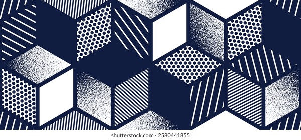 Cubes seamless pattern, vector 3D isometric blocks with textures tiling wallpaper, optical trippy endless abstract background.