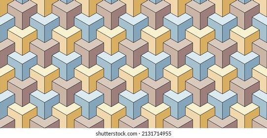 Cubes. Seamless vector geometric 3D pattern. Intertwining. Optical illusions. Op Art. Endless template for fabric, wrapping, poster, cover. Modern textile. Artistic background. Pastel colors. 3D Tiles