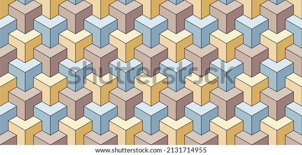 Cubes. Seamless vector geometric 3D pattern. Intertwining. Optical illusions. Op Art. Endless template for fabric, wrapping, poster, cover. Modern textile. Artistic background. Pastel colors. 3D Tiles