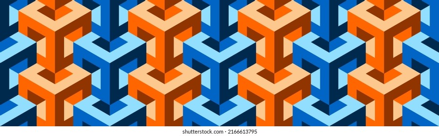 Cubes. Seamless vector geometric colorful 3D pattern. Intertwining. Optical illusions. Op Art. Endless template for fabric, wrapping, poster, cover. Modern textile. Artistic background. 3D Tiles