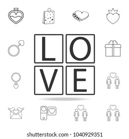 cubes with text love icon. Set of Love element icons. Premium quality graphic design. Signs, outline symbols collection icon for websites, web design, mobile app on white background