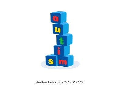 Torre Cubes con letras autismo Ilustración vectorial aislada en caricatura. Día Mundial de Concienciación sobre el Autismo. Elemento de diseño para banners, carteles, productos impresos, tarjetas, volantes, patrones, portadas.