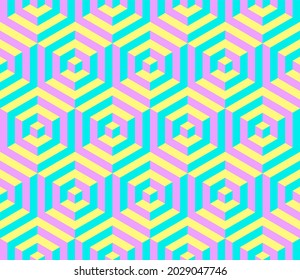 Cubes. Vector geometric seamless 3D pattern. Optical illusions. Op Art. Template for fabric or wrapping. Modern textile.. Endless stylish background. Wallpapers. Electric colors. Luxury 3D Tiles. 