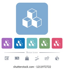 Cubes white flat icons on color rounded square backgrounds. 6 bonus icons included