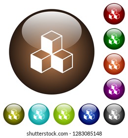 Cubes white icons on round color glass buttons