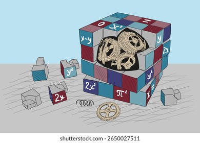 A cube-shaped puzzle with a mechanism inside, disassembled into pieces.