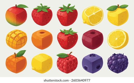 Cube-Shaped and Realistic Fruits Collection in Vector Art