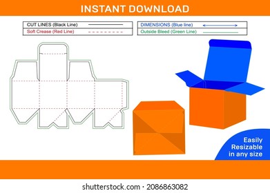 Cubic box auto bottom closer box 2.5 x 2.5 x 2.5 box template fit on A4 size paper Box dieline and 3D render