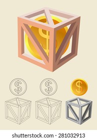 Cubic box with money. Business growing money concept. Vector illustration