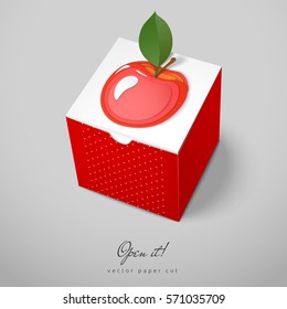 Cubic box with paper cut design. Vector pattern with apple. Open it. 3D 