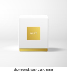 Cubic box template. Gold label with the inscription Gift. Front view
