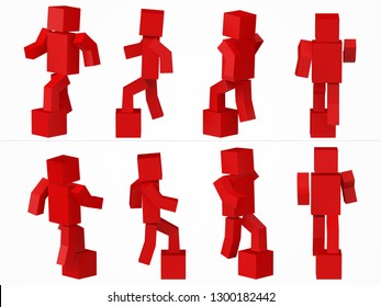 a cubic character climbing to box. 3d style red cube character illustration. same character from eight different viewpoints