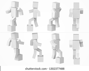 a cubic character climbing to box. 3d style simple cube character illustration. same character from eight different viewpoints
