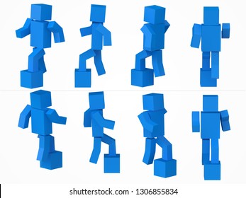 a cubic character climbing to box. 3d style blue cube character illustration. same character from eight different viewpoints