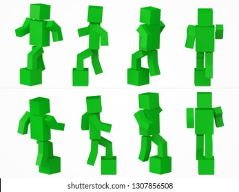 a cubic character climbing to box. 3d style blue cube character illustration. same character from eight different viewpoints