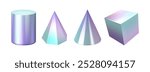 Cubic and conic geometric shapes. Vector isolated set of holographic gradient forms with metallic shine. Modern minimalist figures, cube and conus, polygonal design, 3d composition with texture