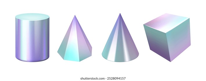 Formas geométricas cônicas e cônicas. Conjunto isolado vetorial de formas de gradiente holográfico com brilho metálico. Figuras minimalistas modernas, cubo e cone, design poligonal, composição 3d com textura